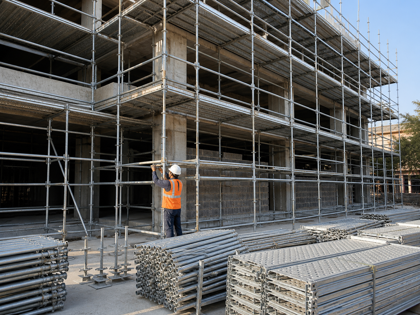 Installed MS scaffolding and organized rental components at a construction site